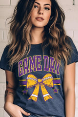 US3001-E3063 Purple Game Day Football Bow Graphic Tee $12.5