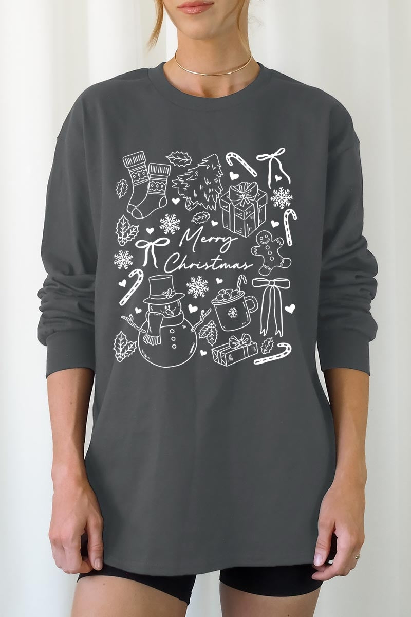 UL240-E3181 Christmas Doodle Graphic Long Sleeve Tee $13.75
