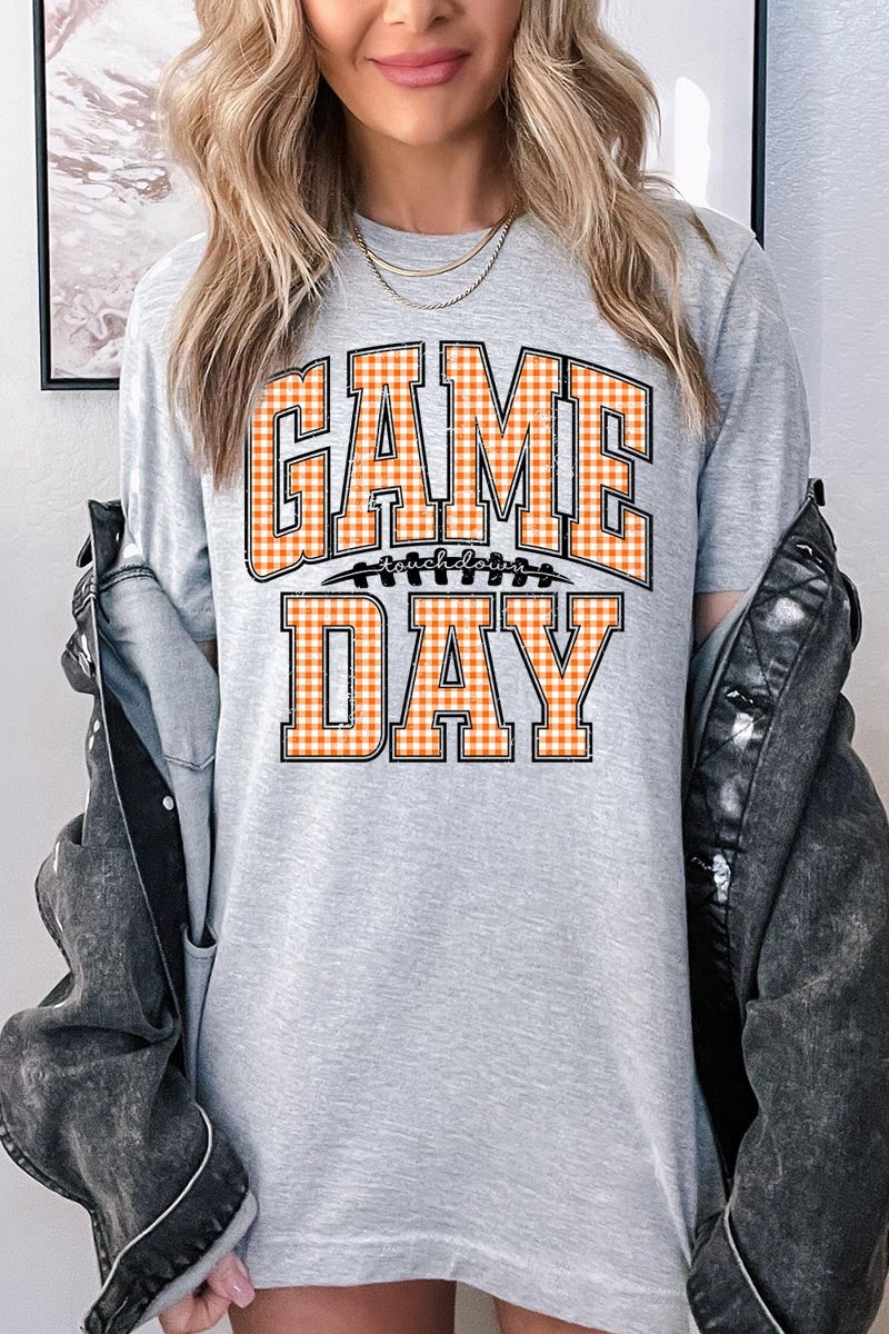 US3001-E3129 Orange Gingham Game Day Graphic Tee $12.5