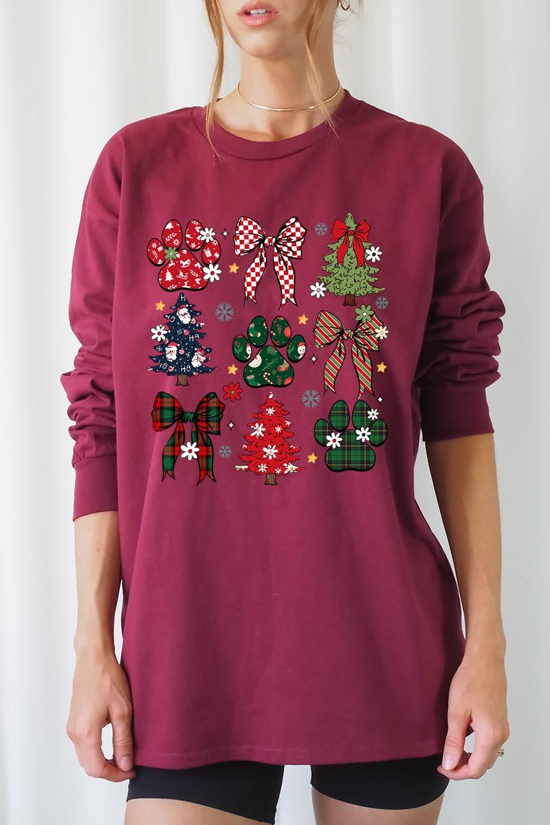 UL240-E3195 Christmas Bow Paw Graphic Long Sleeve Tee $13.75