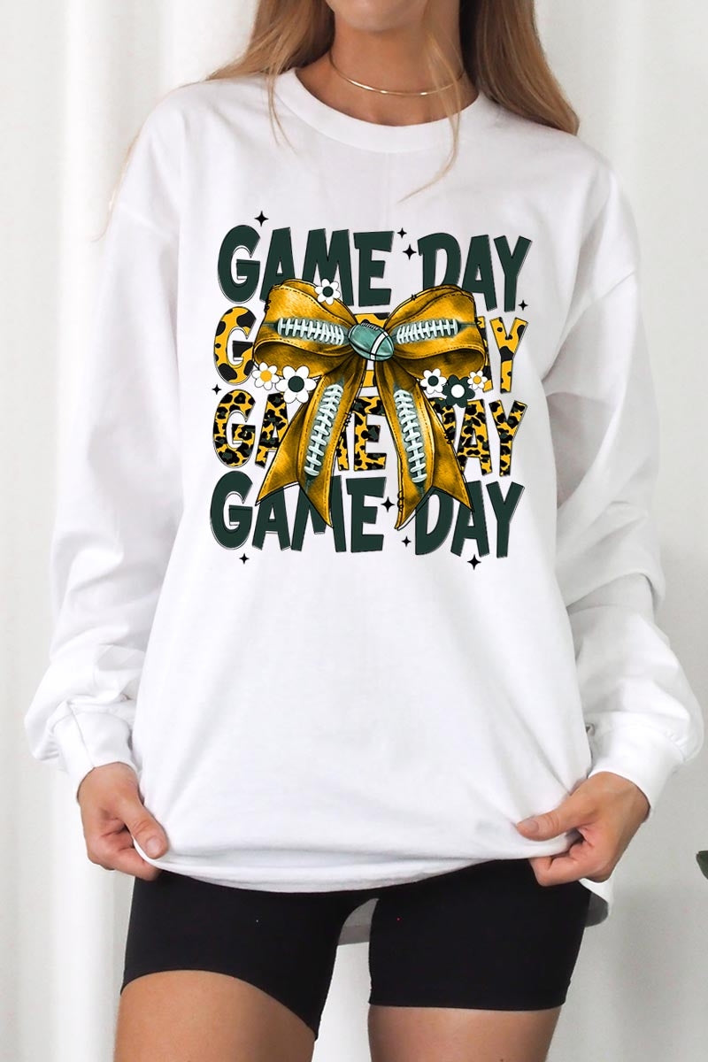 UL240P-E3090 Yellow Football Game Day Bow Plus Long Sleeve Tee $17