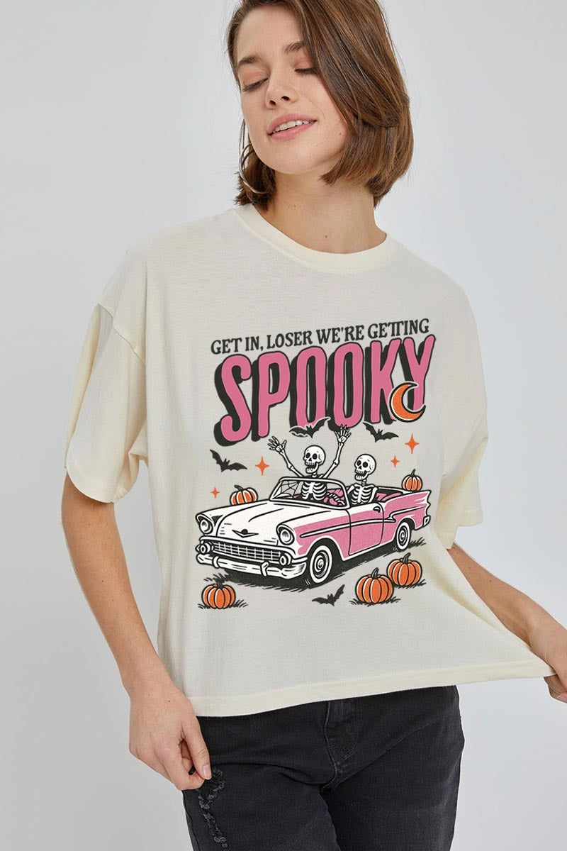 CTS-E3142 Spooky Skeleton Graphic Relaxed Crop Top $11