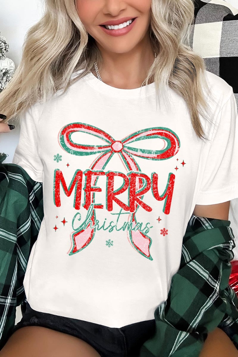 US3001-E3197 Merry Christmas Bow Graphic Tee $12.5