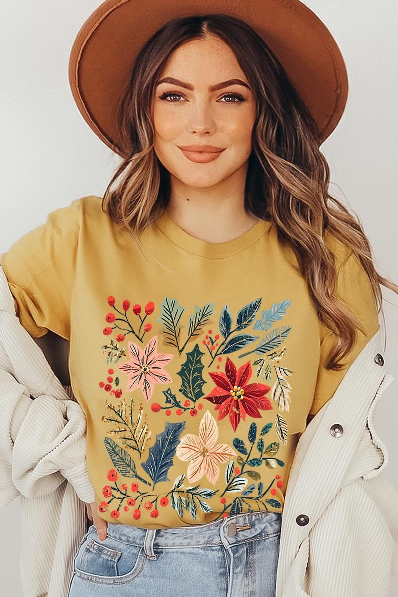 US3001-E3186 Floral Christmas Graphic Tee $12.5