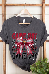 US3001-E3093 Red Silver Football Game Day Bow Graphic Tee $12.5