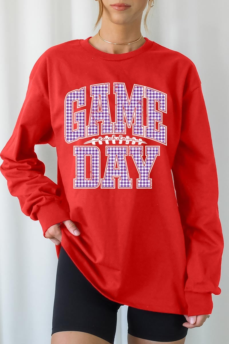 UL240-E3127 Purple Gingham Game Day Graphic Long Sleeve Tee $13.75