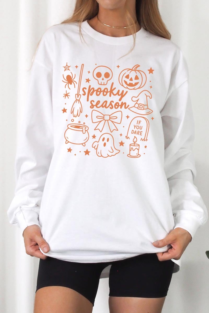 UL240-E3141 Halloween Doodle Graphic Long Sleeve Tee $13.75