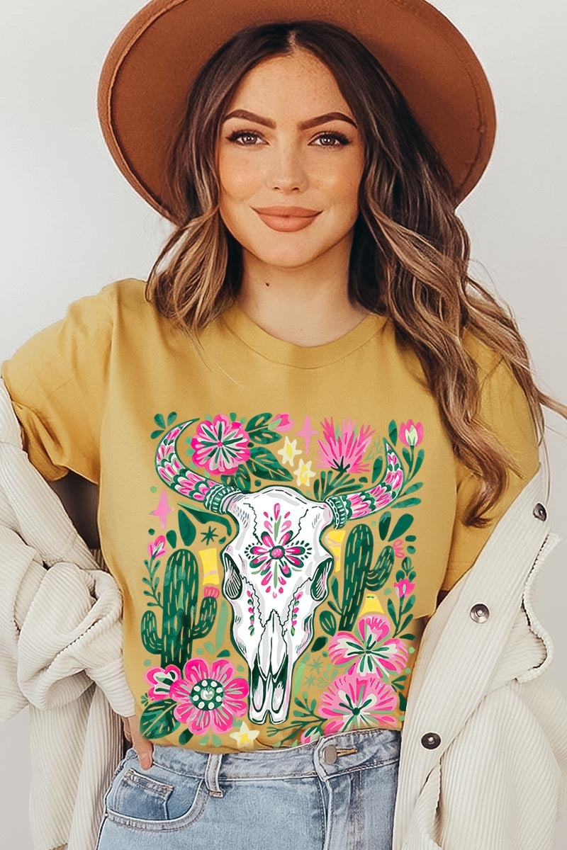 US3001-E3086 Western Floral Cow Skull Graphic Tee $12.5