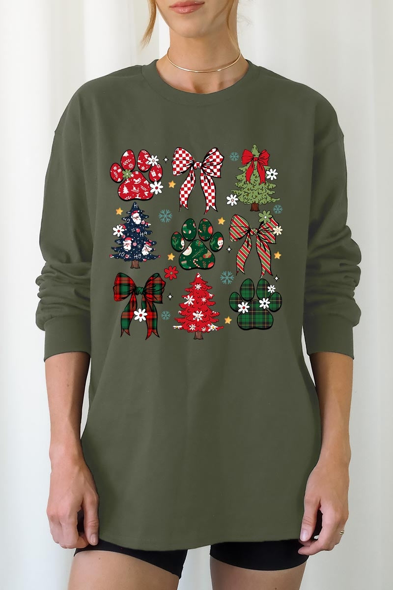 UL240-E3195 Christmas Bow Paw Graphic Long Sleeve Tee $13.75