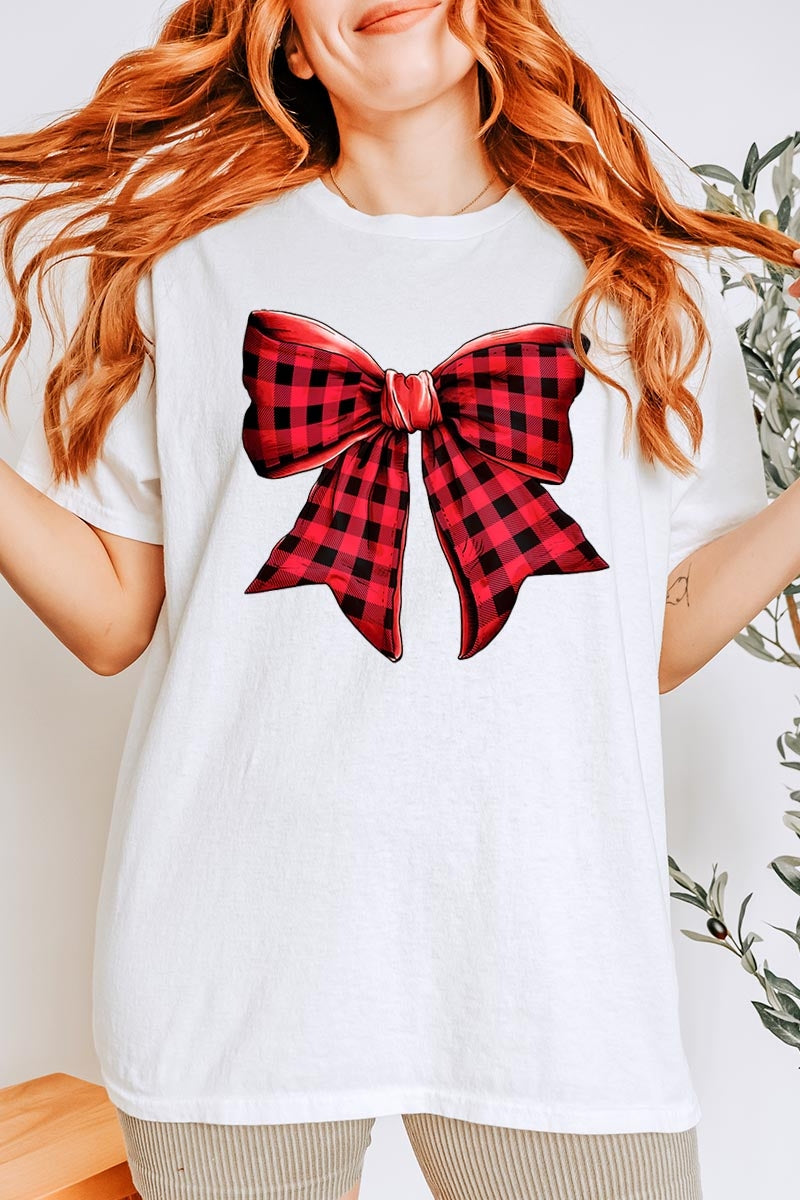 5000-E3198 Red Buffalo Plaid Bow Graphic Heavy Cotton Tee $9