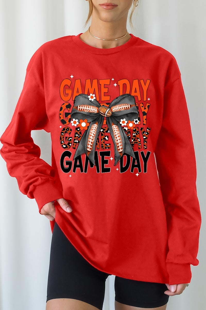 UL240-E3088 Orange Black Football Game Day Bow Long Sleeve Tee $13.75
