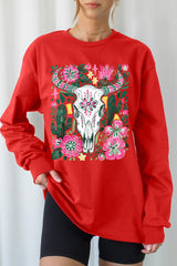 UL240P-E3086 Western Floral Cow Skull Graphic Plus Long Sleeve Tee $17