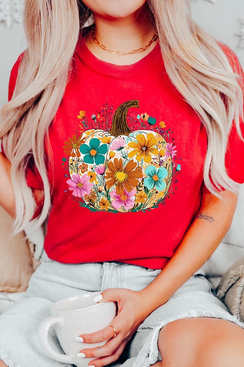 US3001-E3118 Floral Pumpkin Graphic Tee $12.5