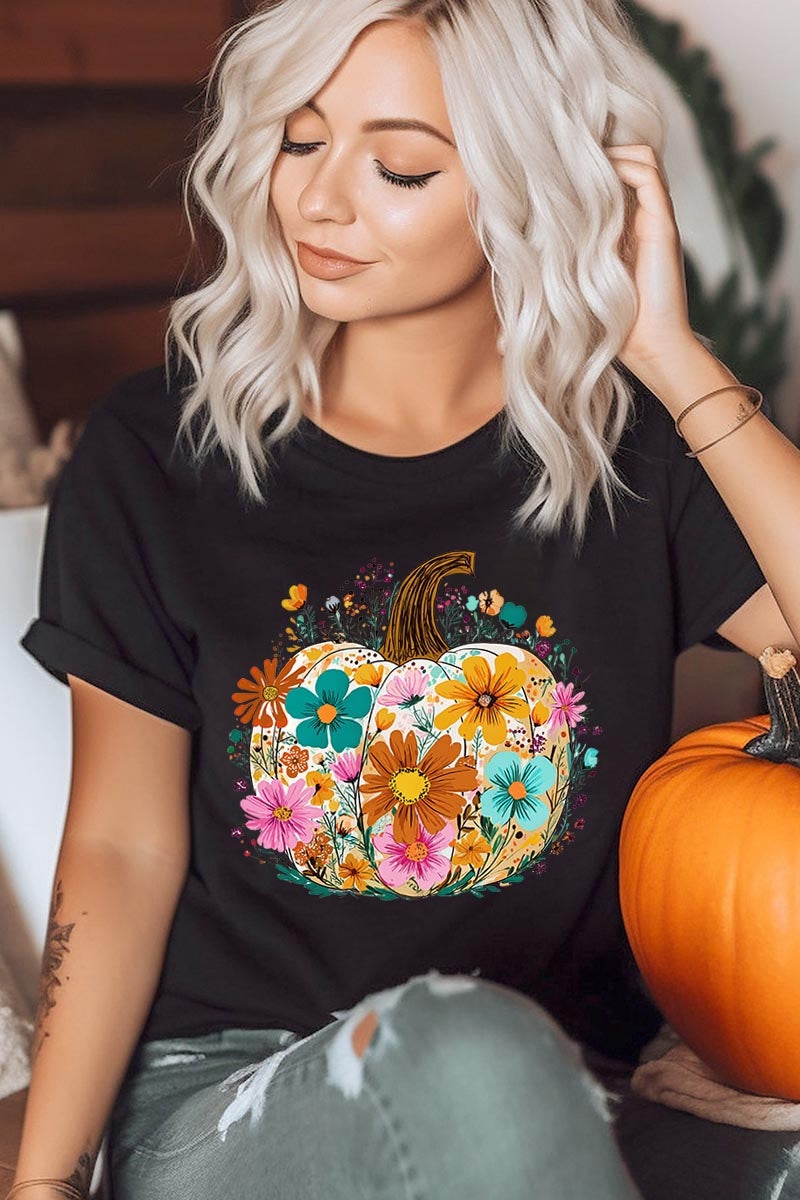 US3001-E3118 Floral Pumpkin Graphic Tee $12.5