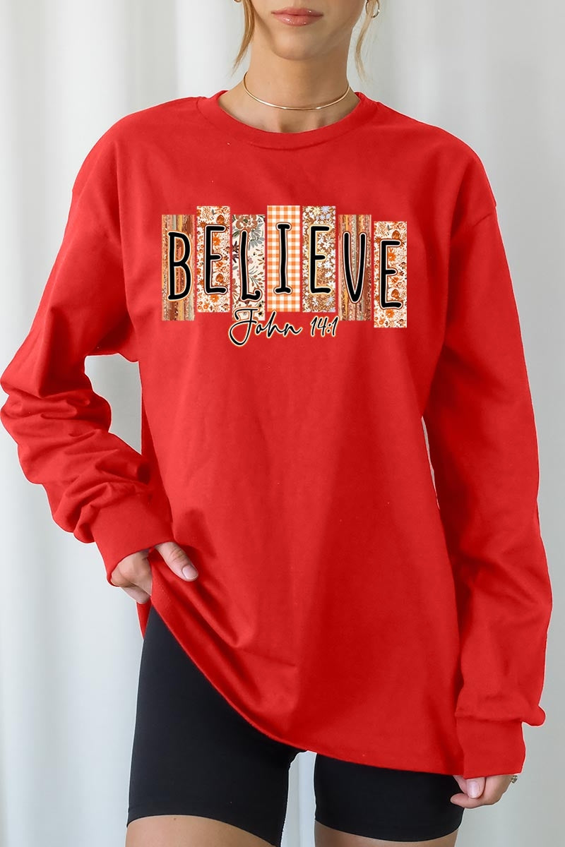 UL240P-E3167 Believe Fall Christian Graphic Plus Long Sleeve Tee $17