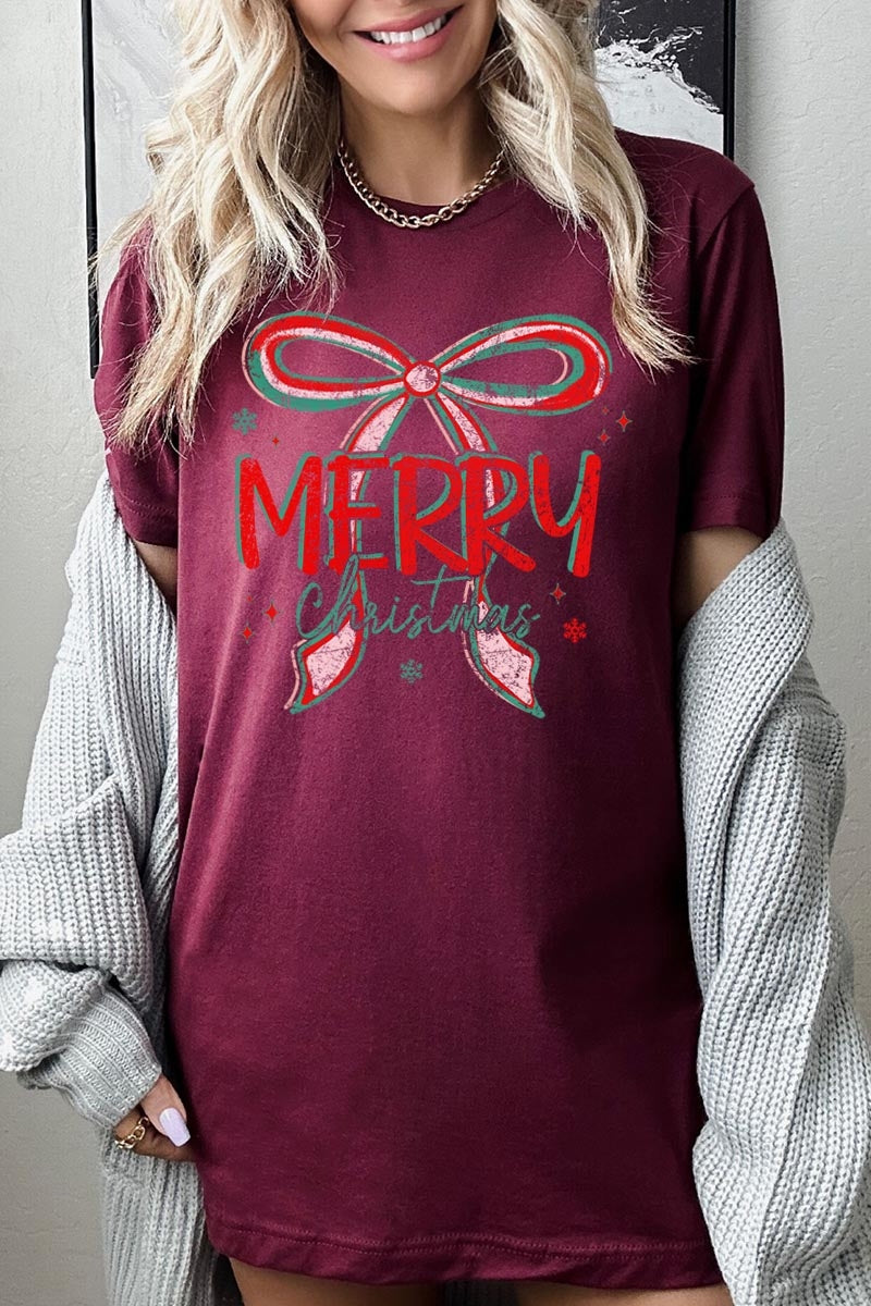 US3001-E3197 Merry Christmas Bow Graphic Tee $12.5