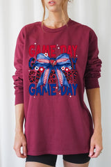 UL240P-E3087 Red Blue Football GameDay Bow Plus Long Sleeve Tee $17