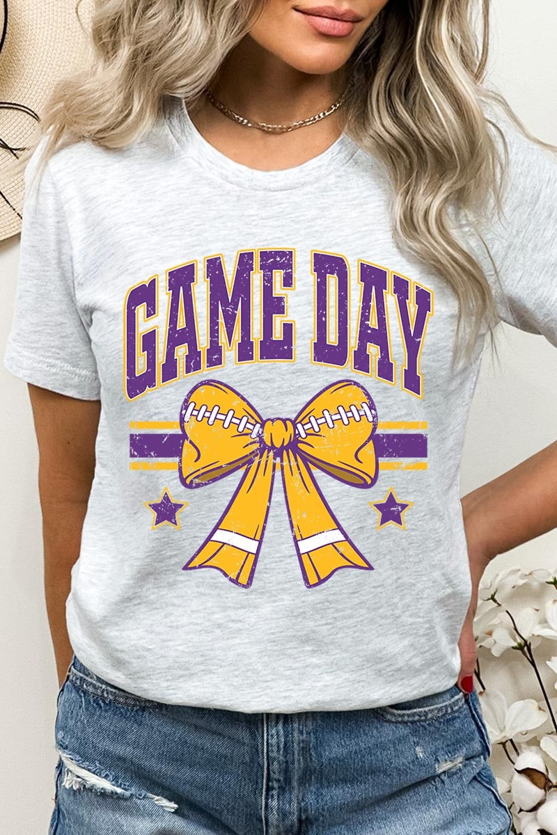 US3001-E3063 Purple Game Day Football Bow Graphic Tee $12.5