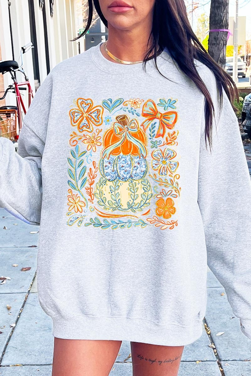 UL180P-E3153 Floral Pumpkin Stack Graphic Plus Sweatshirt $25