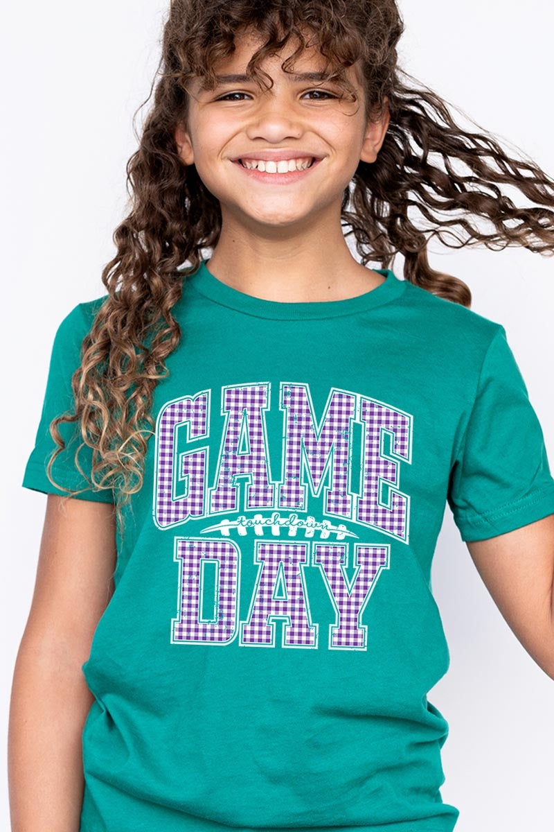 US3001Y-E3127Z Purple Gingham Game Day Kids Graphic Tee $11