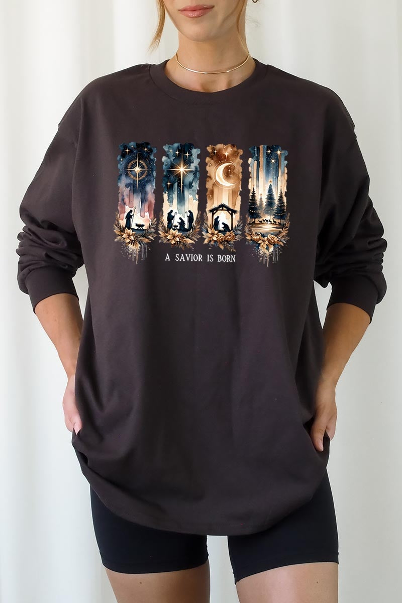 UL240-E3204 Savior Is Born Nativity Graphic Long Sleeve Tee $13.75