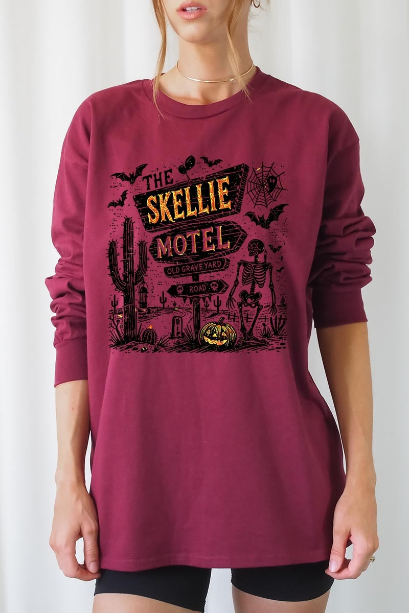 UL240-E3108 Skellie Motel Halloween Graphic Long Sleeve Tee $13.75