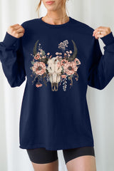 UL240-E3113 Western Skull Floral Graphic Long Sleeve Tee $13.75