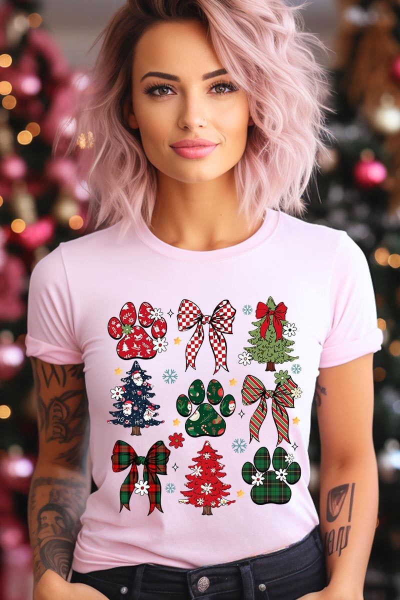 US3001-E3195 Christmas Bow Paw Graphic Tee $12.5