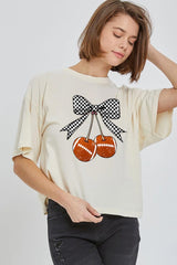 CTS-E3055 Football Cherries Graphic Relaxed Crop Top $10.5
