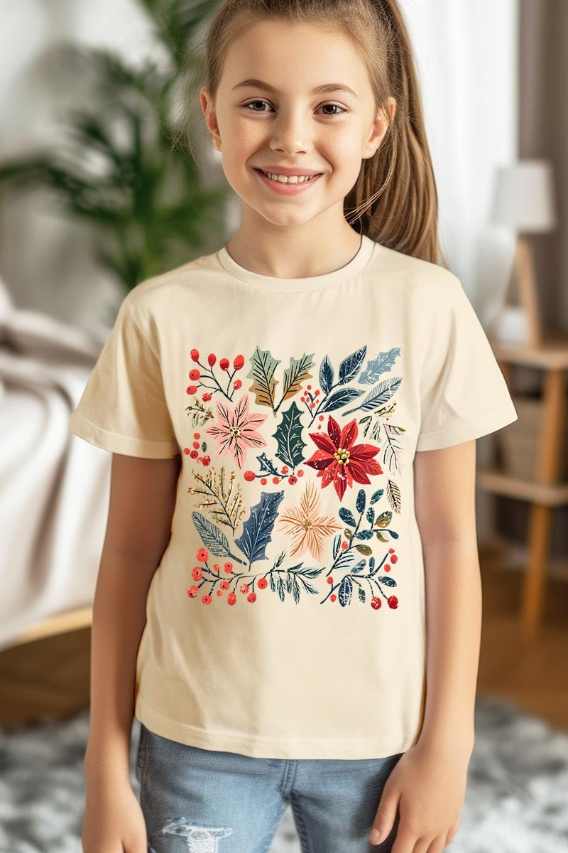US3001Y-E3186Z Floral Christmas Kids Graphic Tee $11