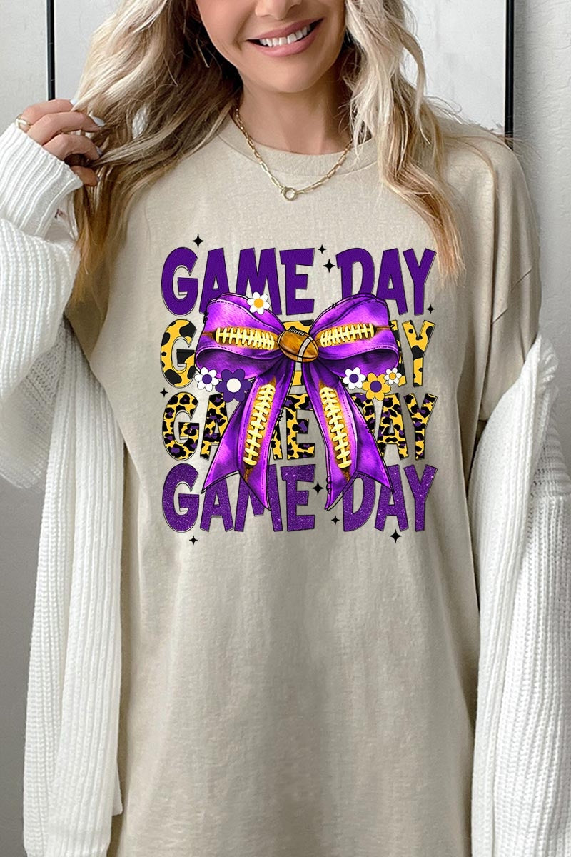 5000P-E3092 Purple Yellow Football Bow Plus Heavy Cotton Tee $12.75