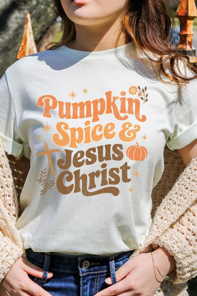 US3001-E3164 Pumpkin Spice & Jesus Graphic Tee $12.5