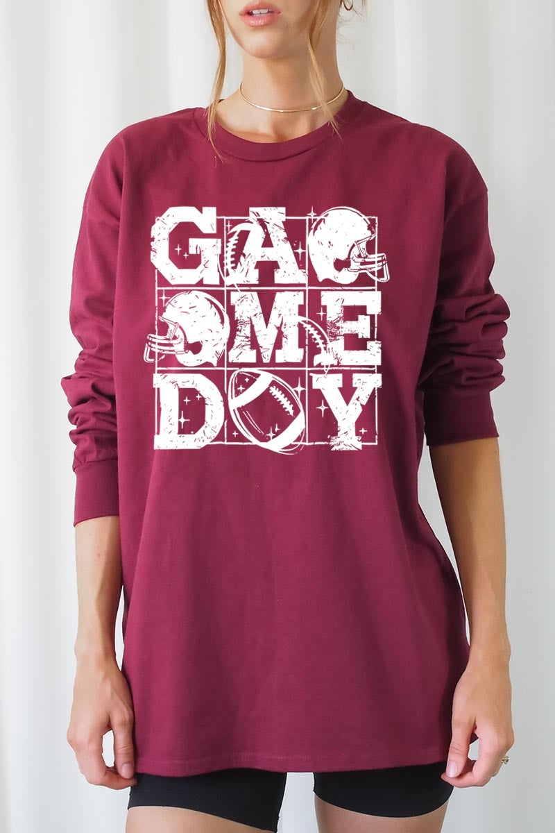 UL240-E3073 Distressed Game Day Graphic Long Sleeve Tee $13.75