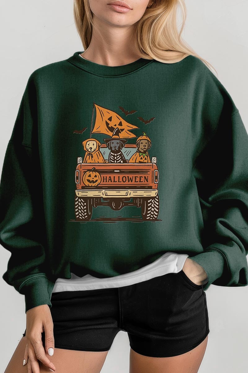 UL180-E3150 Halloween Truck Dogs Graphic Sweatshirt $20