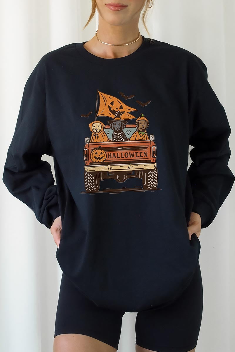 UL240P-E3150 Halloween Truck Dogs Graphic Plus Long Sleeve Tee $17