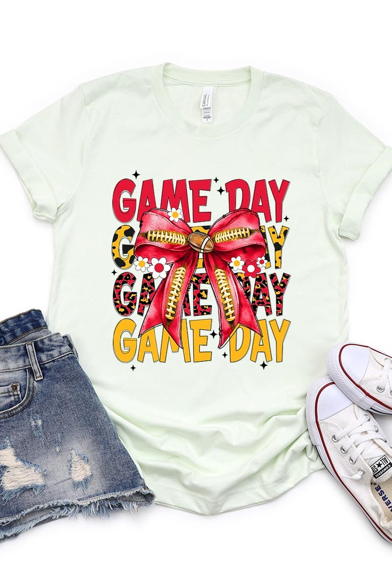 US3001-E3091 Red Yellow Football Game Day Bow Graphic Tee $12.5