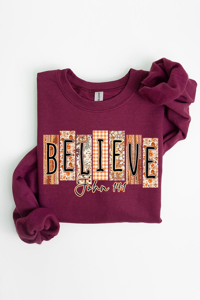 UL180P-E3167 Believe Fall Christian Graphic Plus Sweatshirt $25