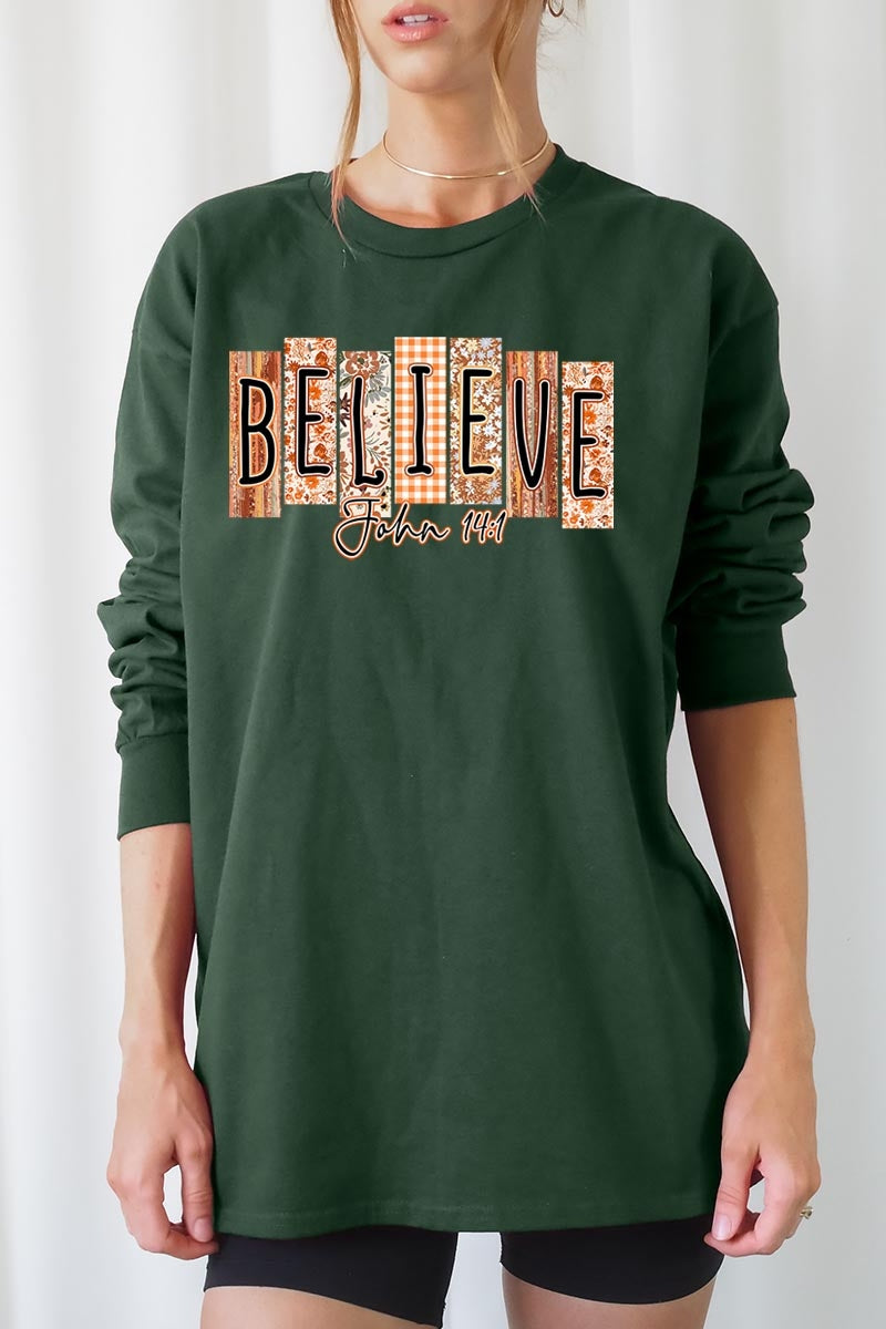UL240P-E3167 Believe Fall Christian Graphic Plus Long Sleeve Tee $17