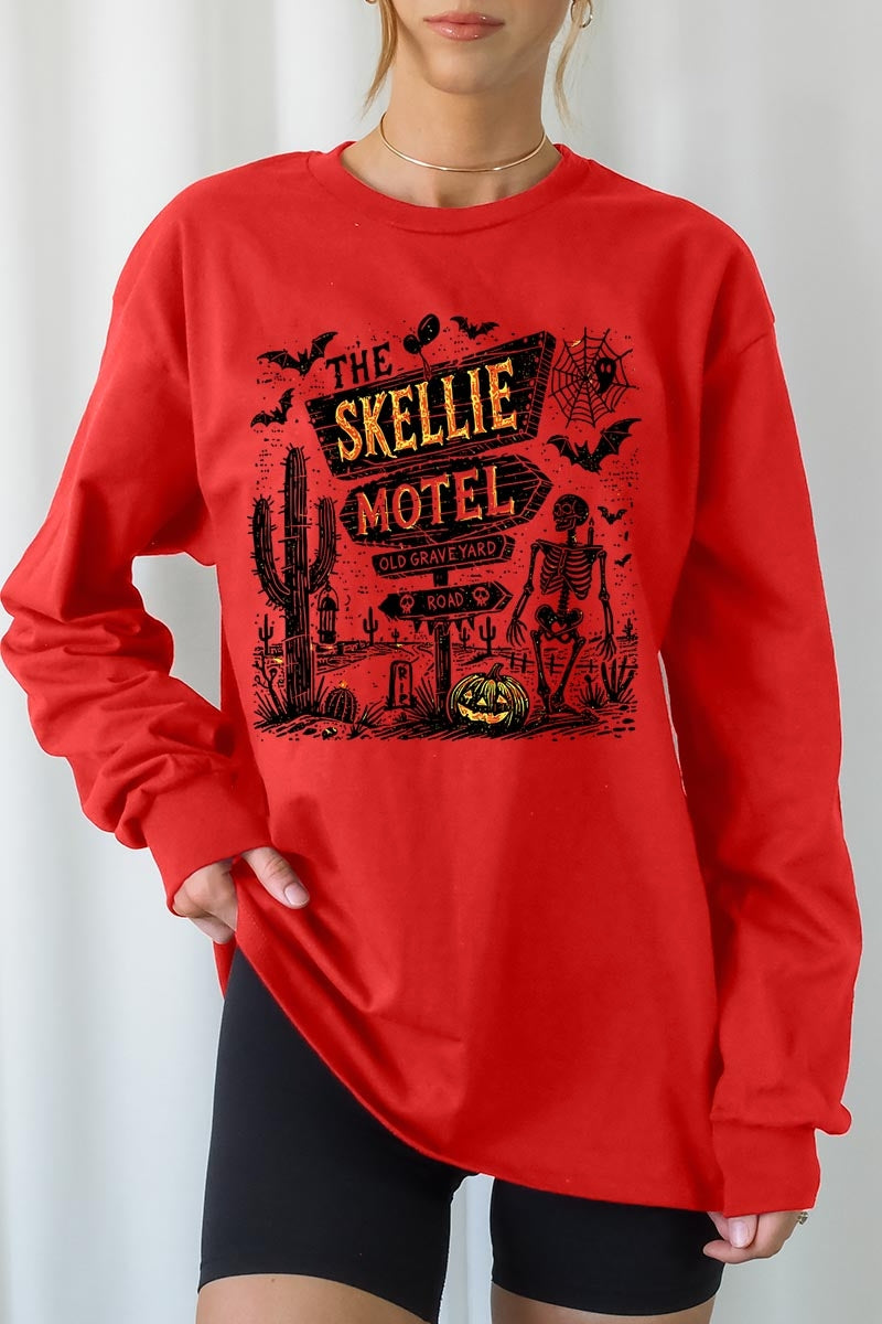 UL240-E3108 Skellie Motel Halloween Graphic Long Sleeve Tee $13.75