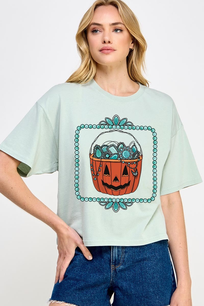 CTS-E3140 Halloween turquoise pumpkin Relaxed Crop Top $11