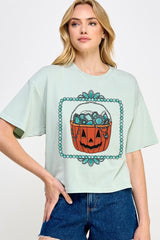 CTS-E3140 Halloween turquoise pumpkin Relaxed Crop Top $11