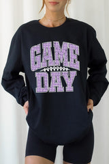 UL240-E3127 Purple Gingham Game Day Graphic Long Sleeve Tee $13.75
