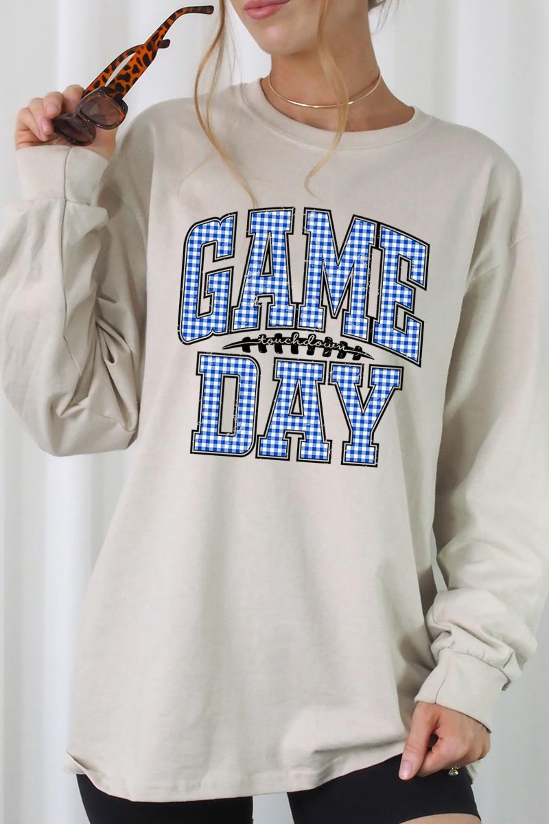 UL240-E3130 Blue Gingham Game Day Graphic Long Sleeve Tee $13.75