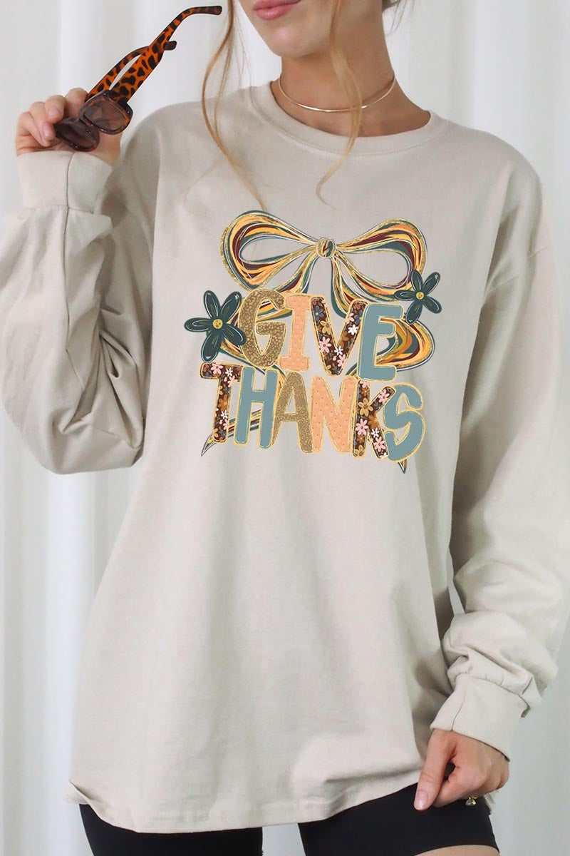 UL240P-E3154 Give Thanks Bow Graphic Plus Long Sleeve Tee $17