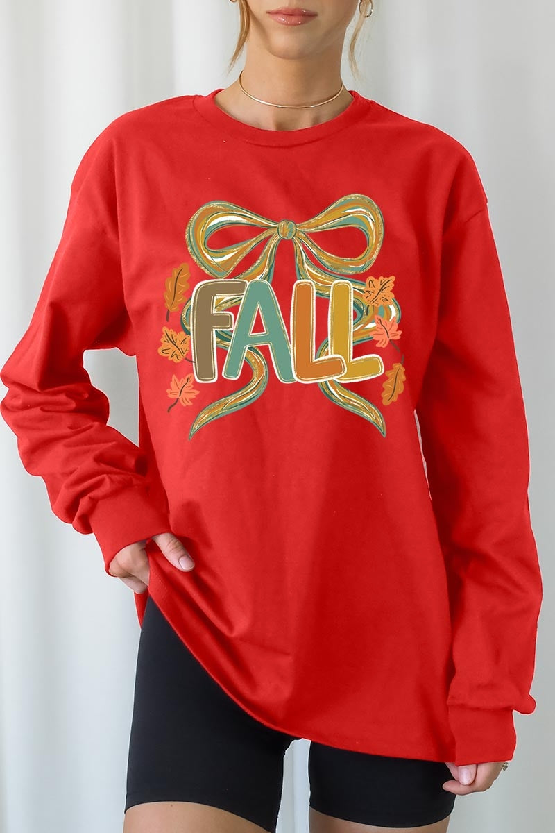 UL240-E3121 Fall Brushstroke Bow Graphic Long Sleeve Tee $13.75