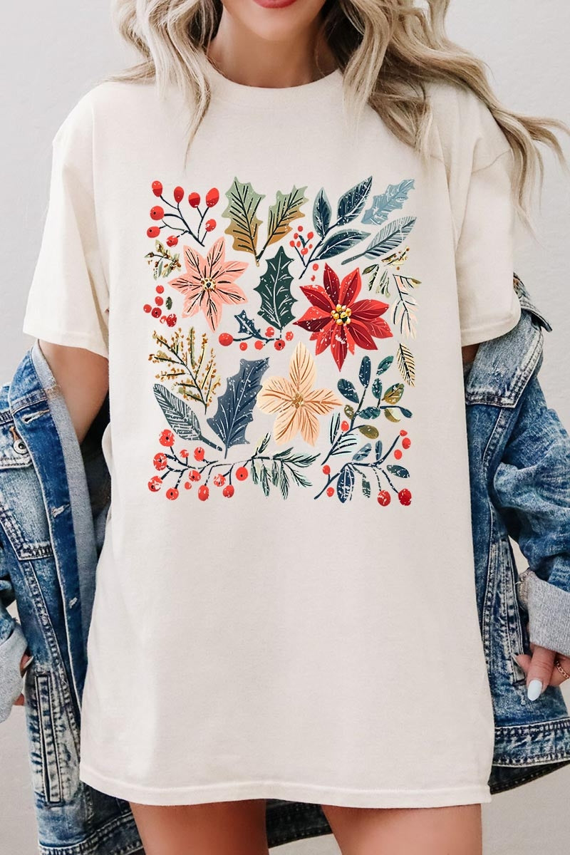 5000-E3186 Floral Christmas Graphic Heavy Cotton Tee $9