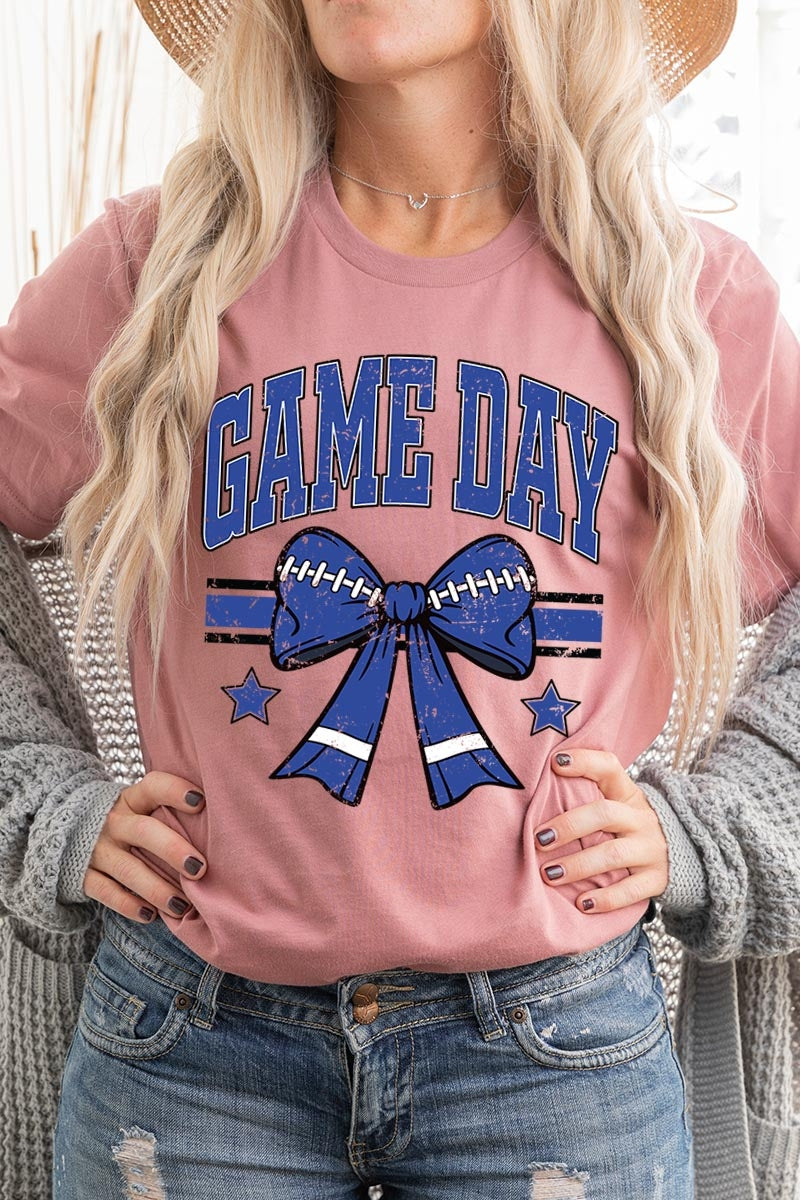 US3001-E3065 Blue Game Day Football Bow Graphic Tee $12.5