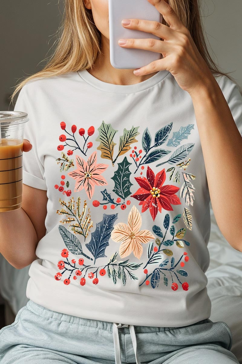 US3001P-E3186 Floral Christmas Graphic Plus Tee $16