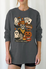 UL240-E3107 Spooky Western Skeleton Graphic Long Sleeve Tee $13.75