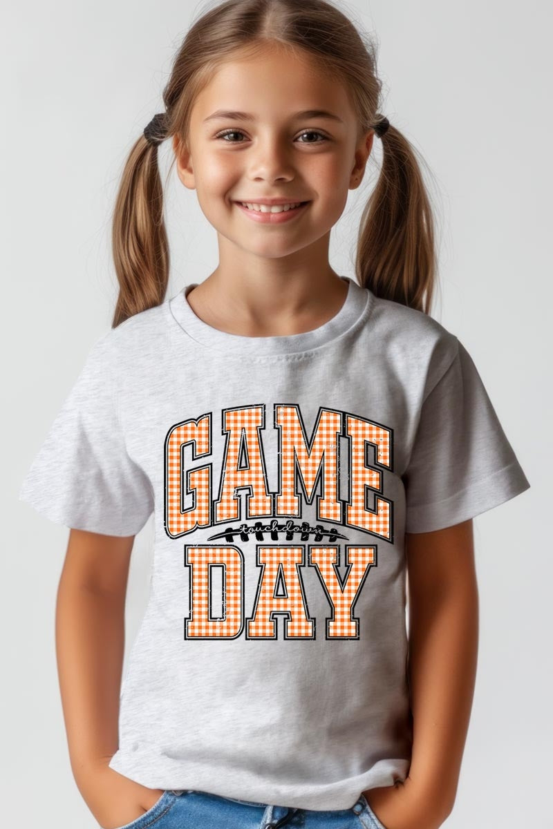 US3001Y-E3129Z Orange Gingham Game Day Kids Graphic Tee $11
